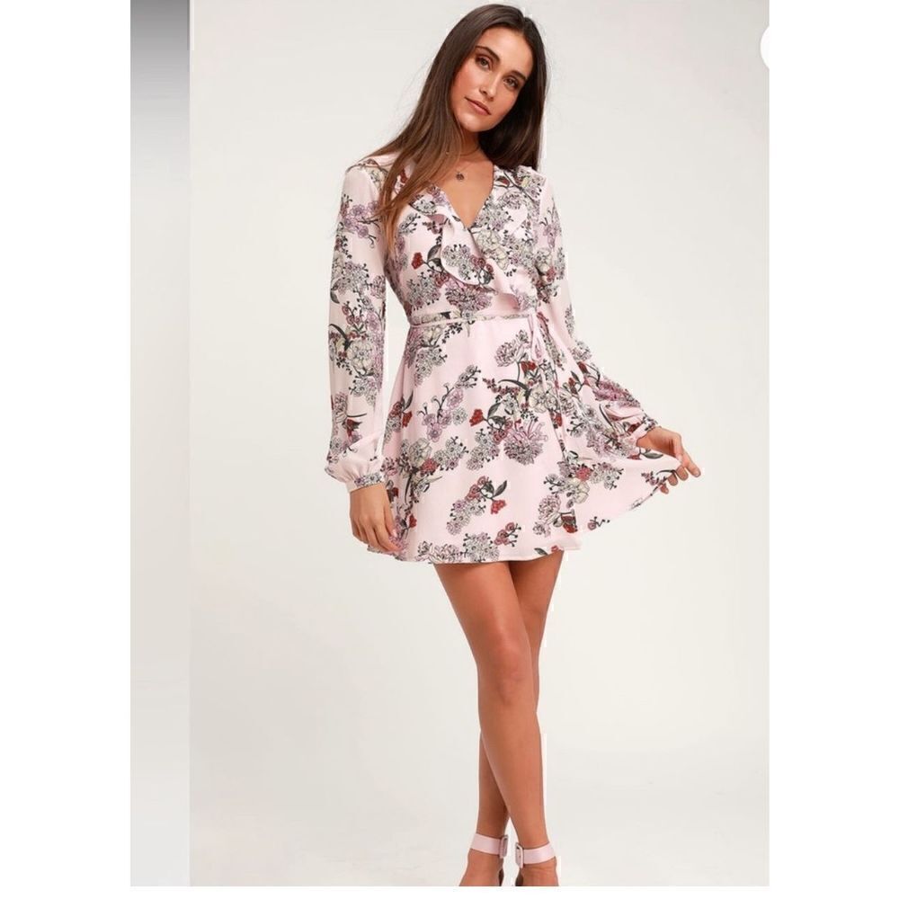 Lulus what a time pink floral chiffon long sleeve wrap dress XS wedding bridal